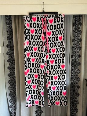 Cozy White Fleece Pants with Black XOXO and Pink Hearts